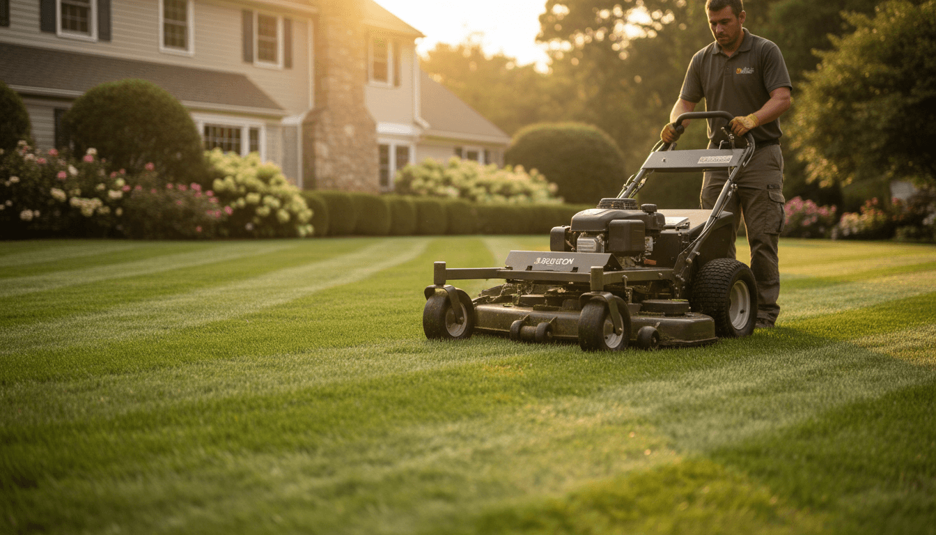 Professional lawn mower creating clean stripes on a well-maintained residential lawn