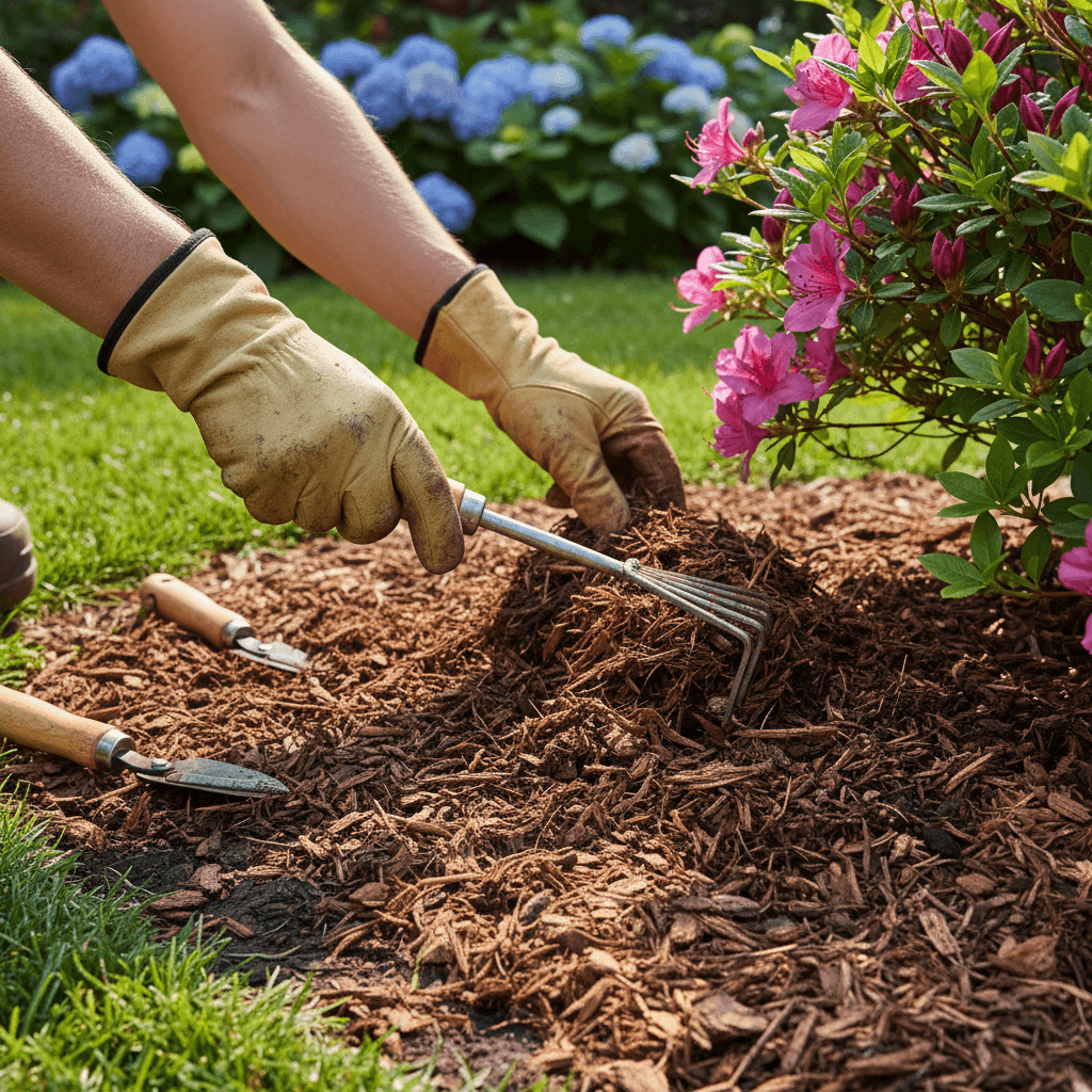 Fresh mulch application to landscape beds during seasonal maintenance