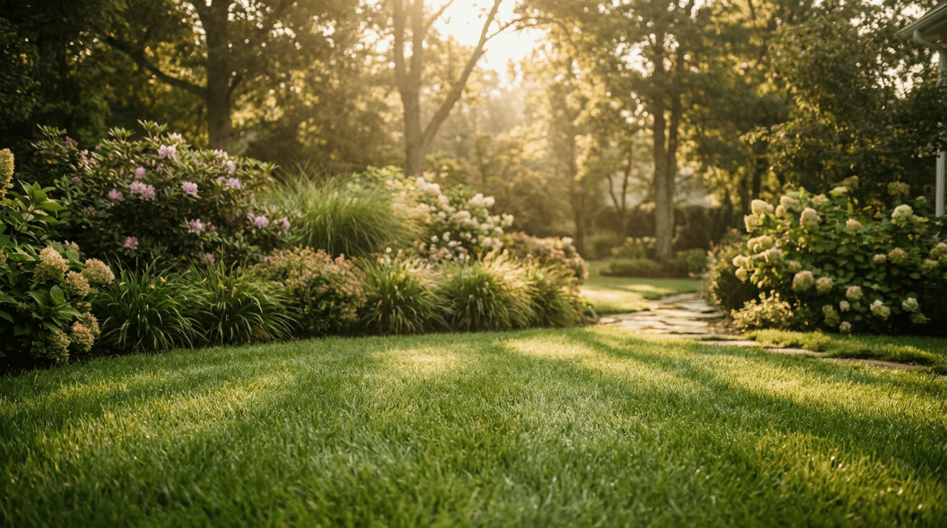 Professional landscaper mowing a residential lawn with precision and care
