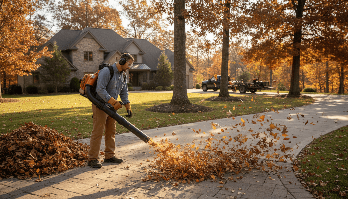 Fall leaf removal service with professional leaf blower clearing autumn debris from residential lawn