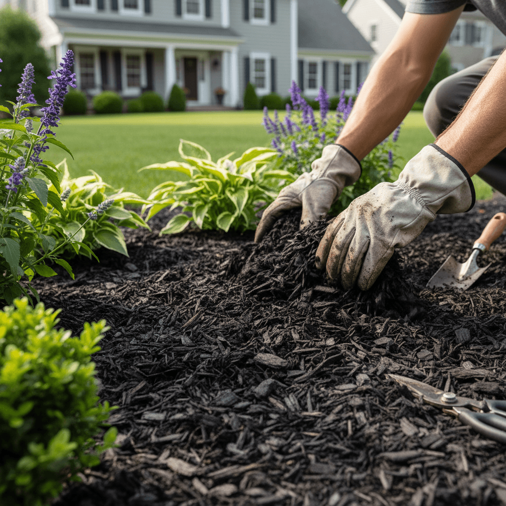 Fresh mulch application enhancing garden beds