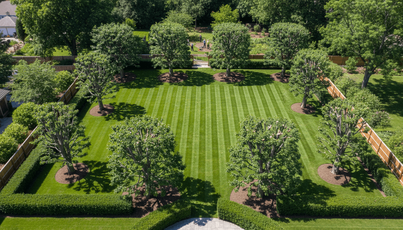 Complete property maintenance showing mowed lawn and trimmed shrubs