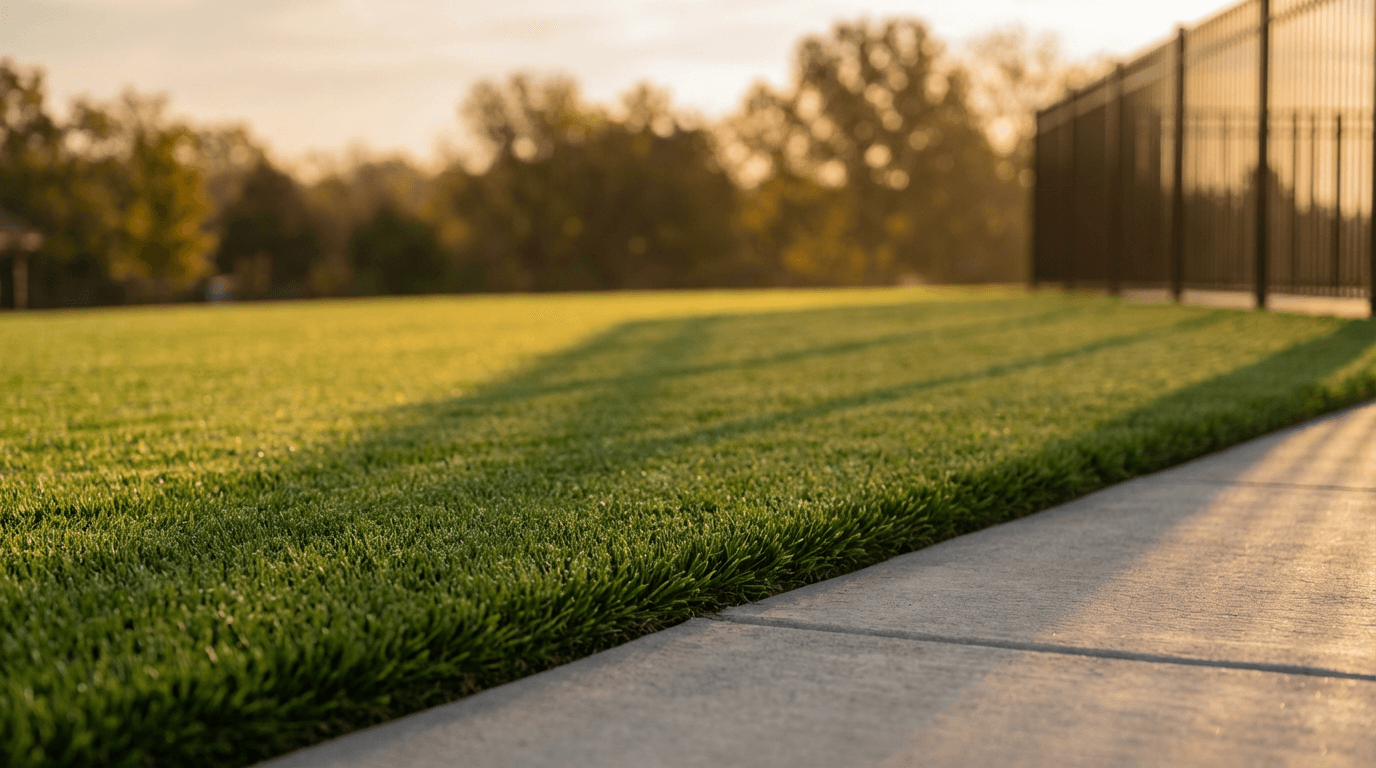 Father and son lawn care team standing together in a maintained residential yard